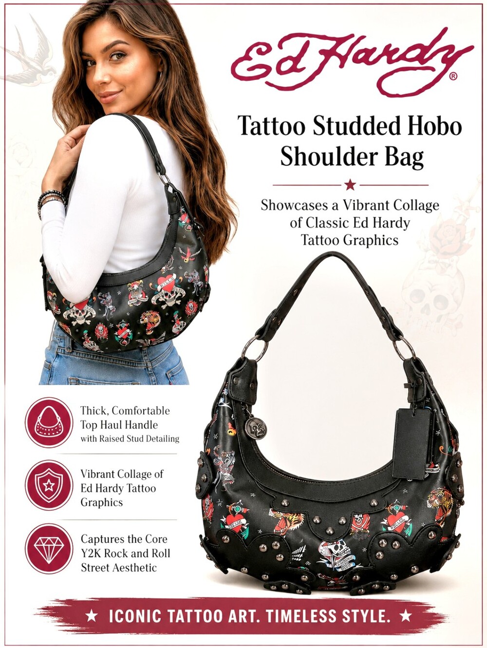 Ed Hardy Studded Tattoo Hobo Shoulder Bag